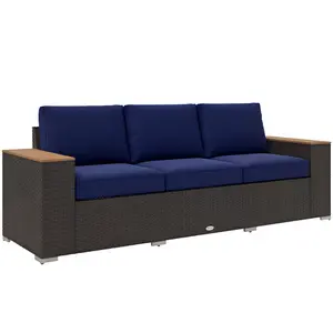 Outsunny 3-Seat Outdoor Patio Sofa with 24.5" Extra Wide Deep Seats, PE Wicker Sofa with Wide Wood Effect Armrests and 4" Cushions, Rattan Outdoor Couch for Porch, Garden, Poolside