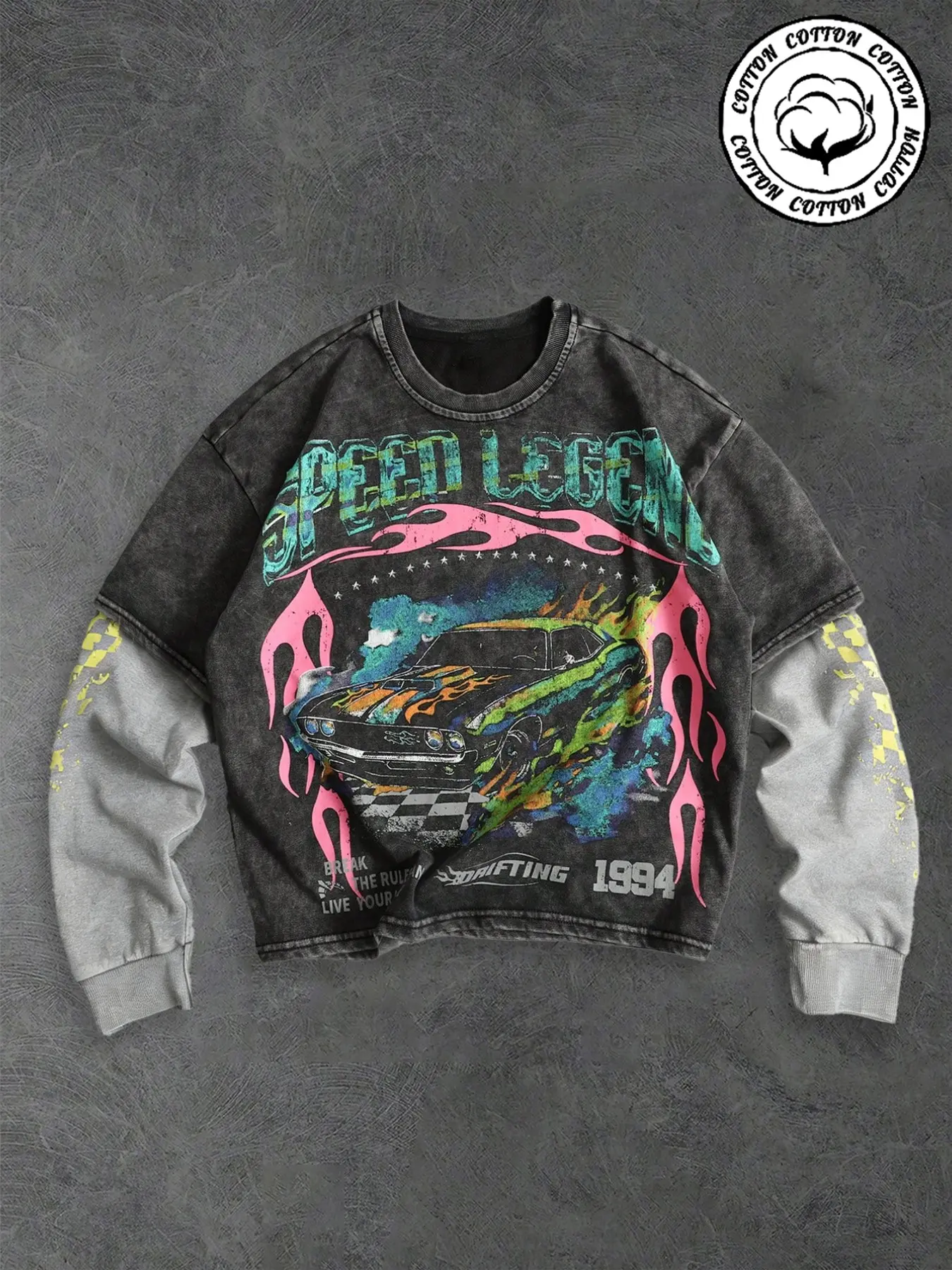 Men's Washed 'speed Legend' Loose Two-Piece Long Sleeve T-Shirt, Vintage Flame Muscle Car Graphic Tee, Casual Streetwear Spring & Fall Fashion, Menswear