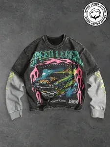 Men's Washed 'speed Legend' Loose Two-Piece Long Sleeve T-Shirt, Vintage Flame Muscle Car Graphic Tee, Casual Streetwear Spring & Fall Fashion