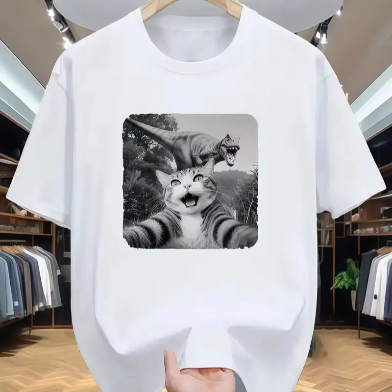 Funny Cat Selfie With T-Rex Dinosaur Graphic T Shirt Vintage Black White Animal Casual Tee