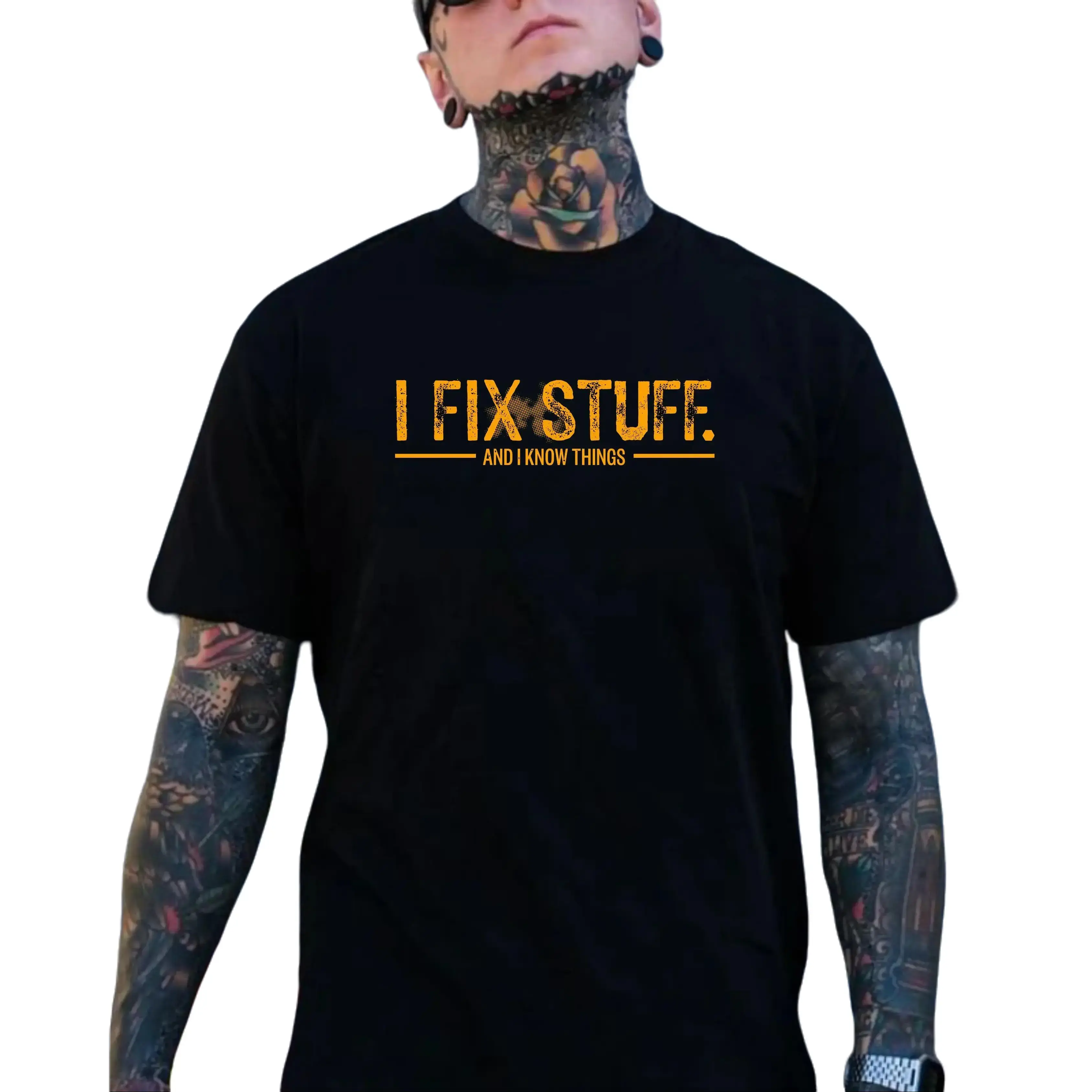 Casual printed T-shirt, "I fix things, I know my stuff" T-shirt – Funny mechanic T-shirt, blue workwear