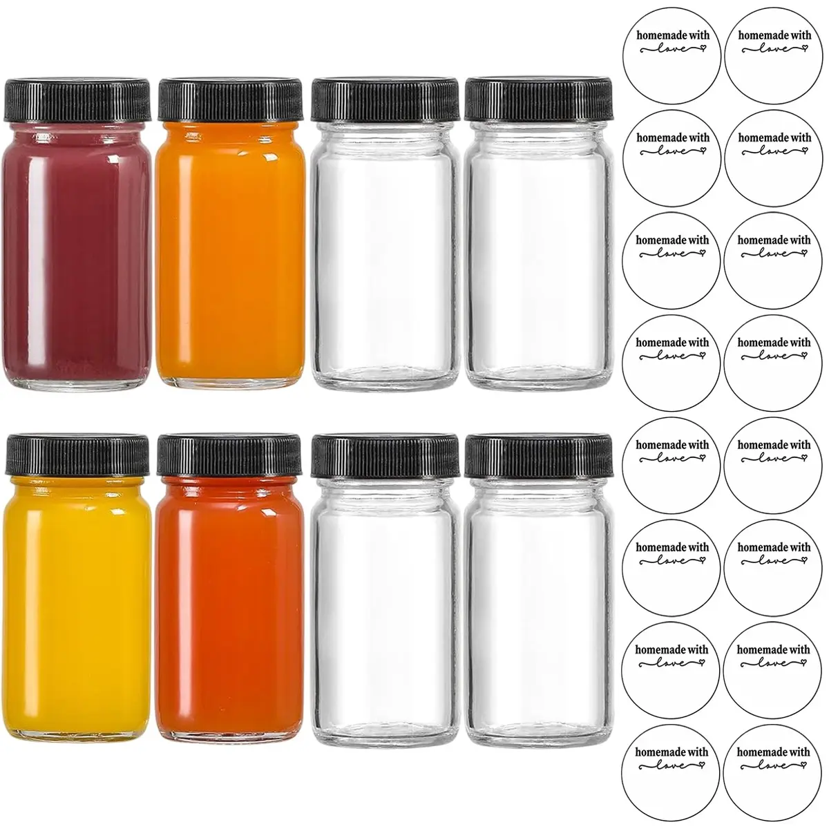 8/16/24 Pack Small Glass Juice Storage Leak Proof Containers with Lid and Label Sticker, 60ML Capacity Leak-Proof Reusable Glass Juice Bottles, Traditional Classic Style Round Shape