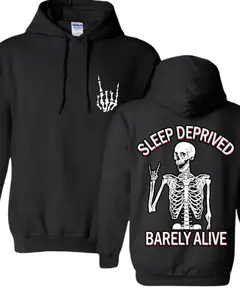 Unisex Skeleton Hoodie with Sleep Deprived Barely Alive Print – Funny Graphic Pullover Streetwear, Full Color , Full Size ,For Men, Women, Made in USA.LKD Menswear Sweatshirts