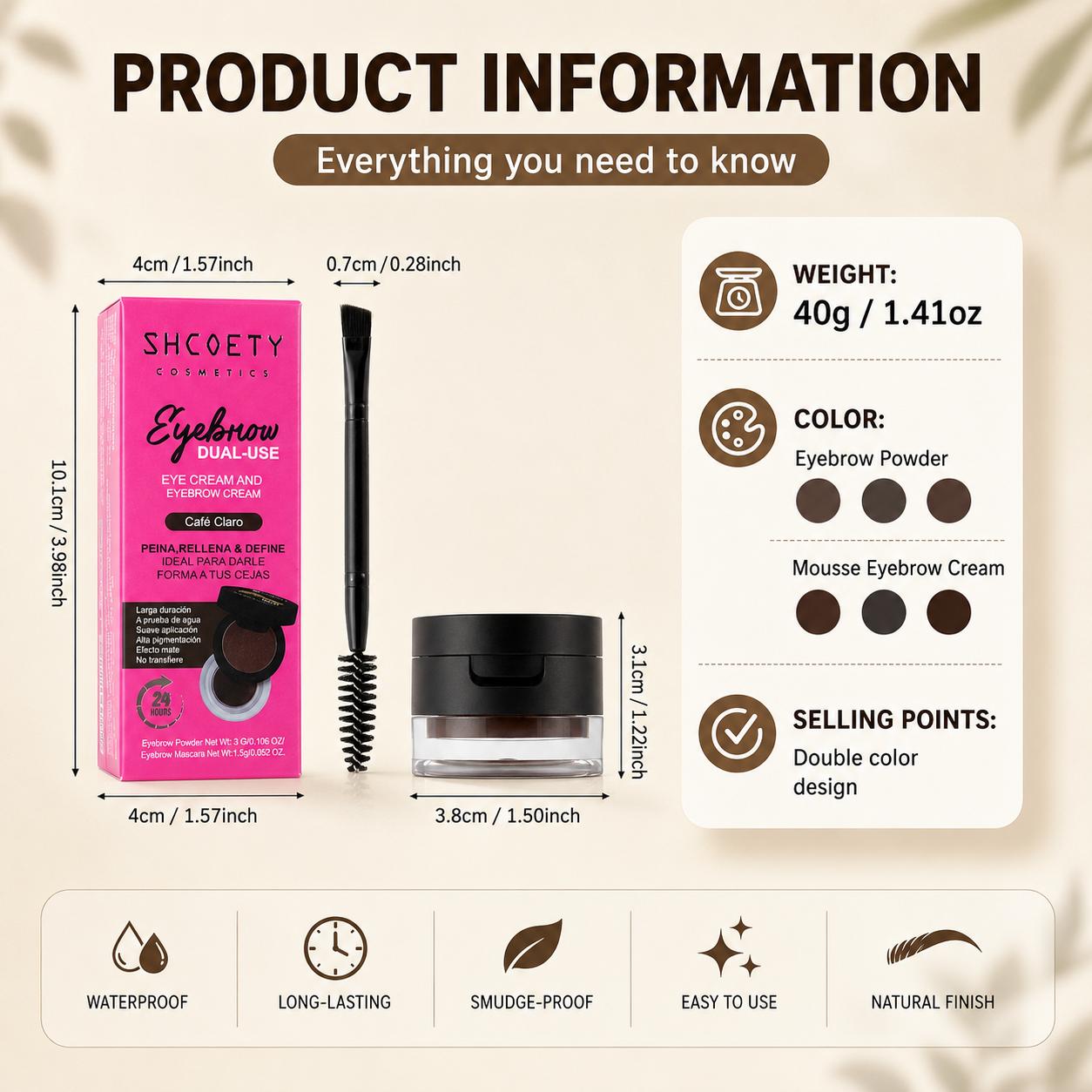 3-Piece 2-in-1 Eyebrow Pomade & Powder Kit, Waterproof Smudge-Proof Brow Makeup Set, Long-Lasting Brow Tint for Natural Full Brows with Dual-Ended Brush，micro fork， eyebrow p#backtoschool