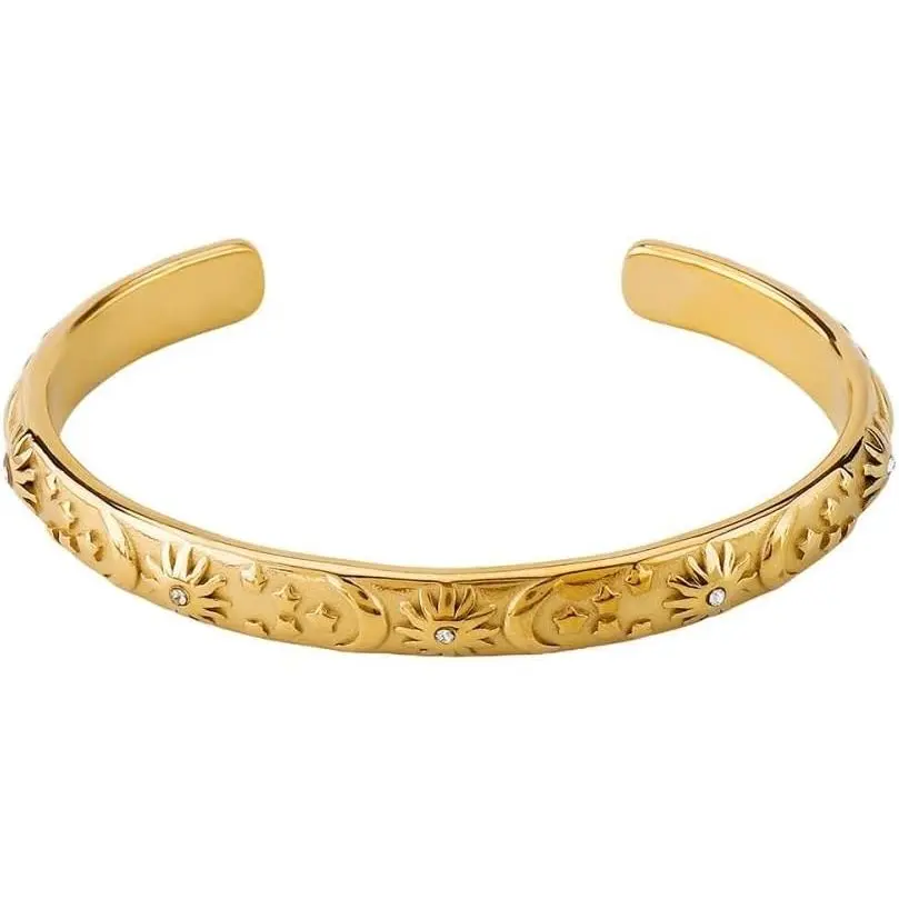 Embossed Moon Star Sun Bangle Cuff Bracelet for Women Fashion CZ Insected Celestial Open Adjustable Statement Bracelets Lightweight Boho Wrist Wrap Dress Accessories Jewelry Gift