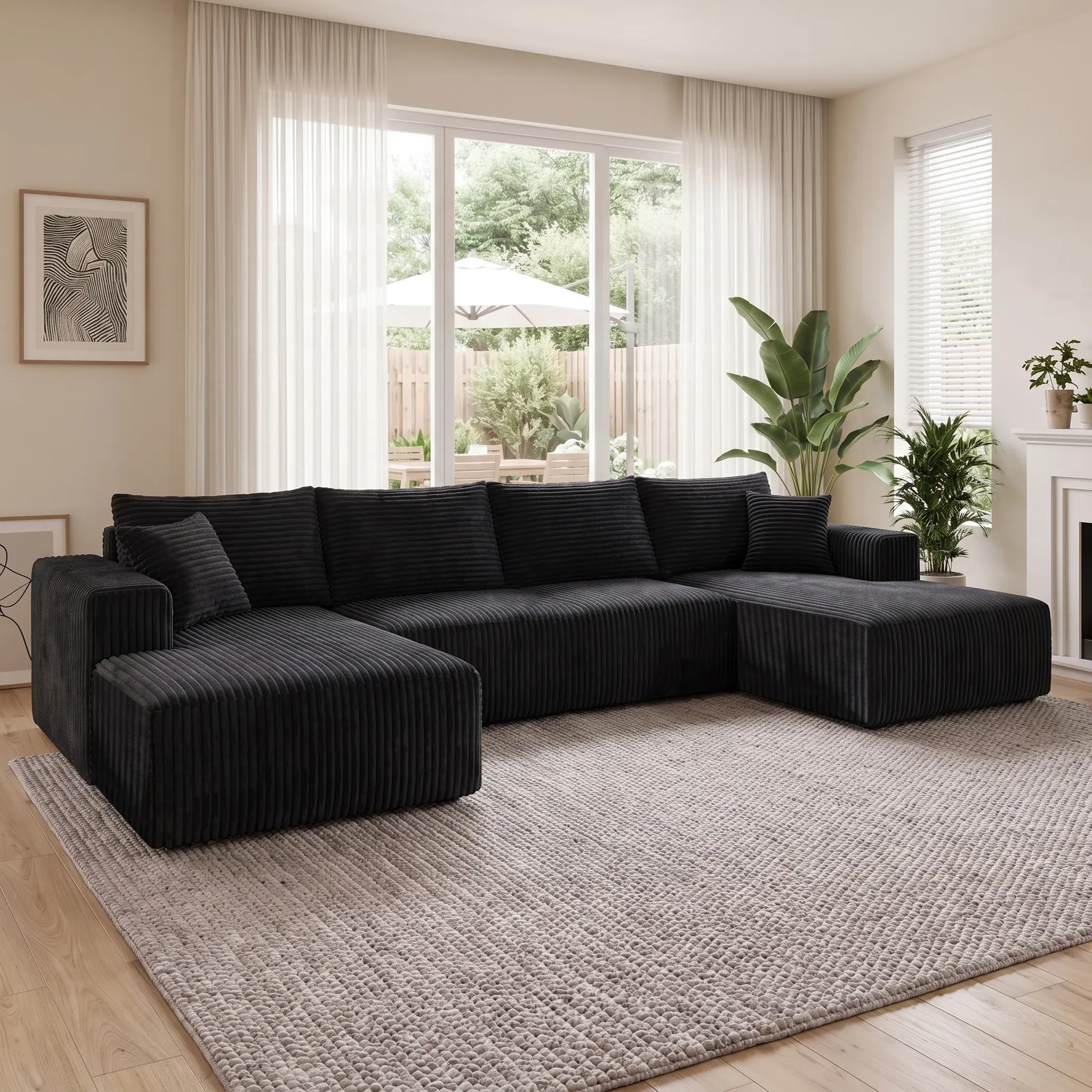 U‑Shape Modular Compressed Sectional Sofa, Boneless Corduroy Convertible Sleeper Couch with Fixed Arms, Pre‑Assembled Space‑Saving Indoor Furniture, 2‑Package Shipping, Ideal for Living Room, Apartment & Dorm Room Home Decor