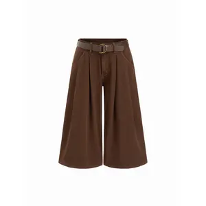 Cider Cider Denim Low Rise Pleated Wide Leg Capri Trousers With Belt