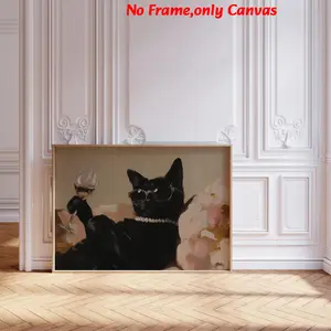 1pc, wall art, vintage poster, charming cat print with vintage print, chic kitten wearing glasses pearl poster, bedroom aesthetic, living room decor, apartment decor, housewarming gift, frameless