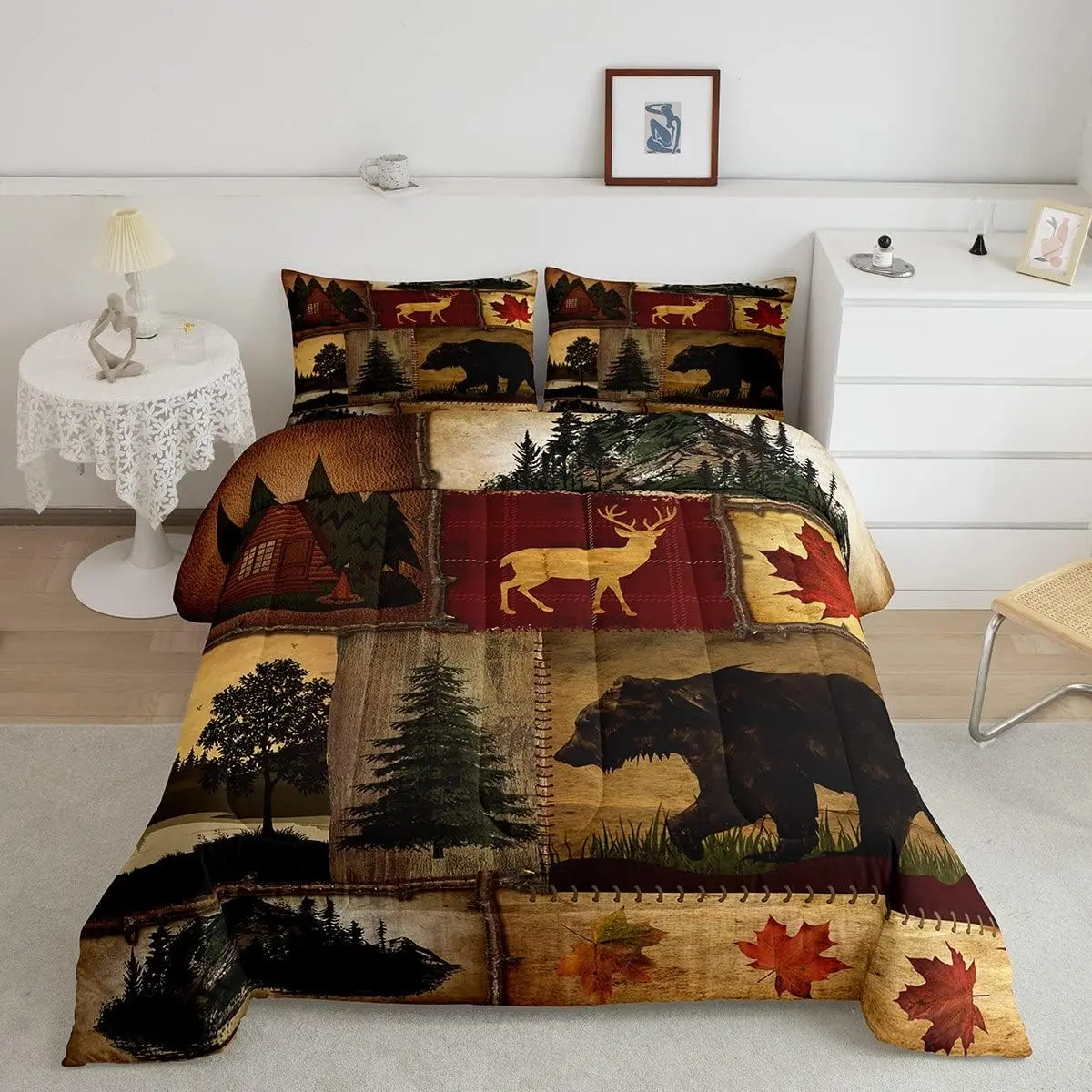 Feelyou Patchwork Rustic Cabin Comforter Set - Woodland Animal Deer Bear Decorative Bedroom Bedding Set, Farmhouse Lodge Quilt, Unisex Bedding for Adults, Decorative Bedding Set