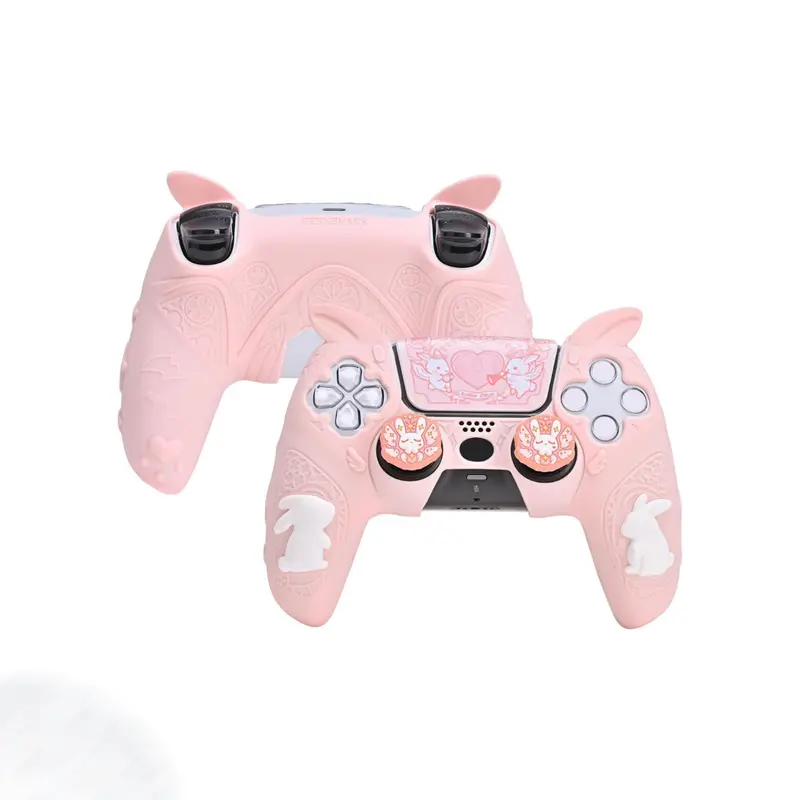 GeekShare Gothic Bunny PS5 Controller Skin Set - 1pc Silicone Skin, Anti-Slip Surface, Easy to Apply & Remove PS5 Accessories, 2 Thumb Caps, 1 Sticker for Playstation 5 Wireless Controllers (All Ports Accessible Pink Gaming Accessory)