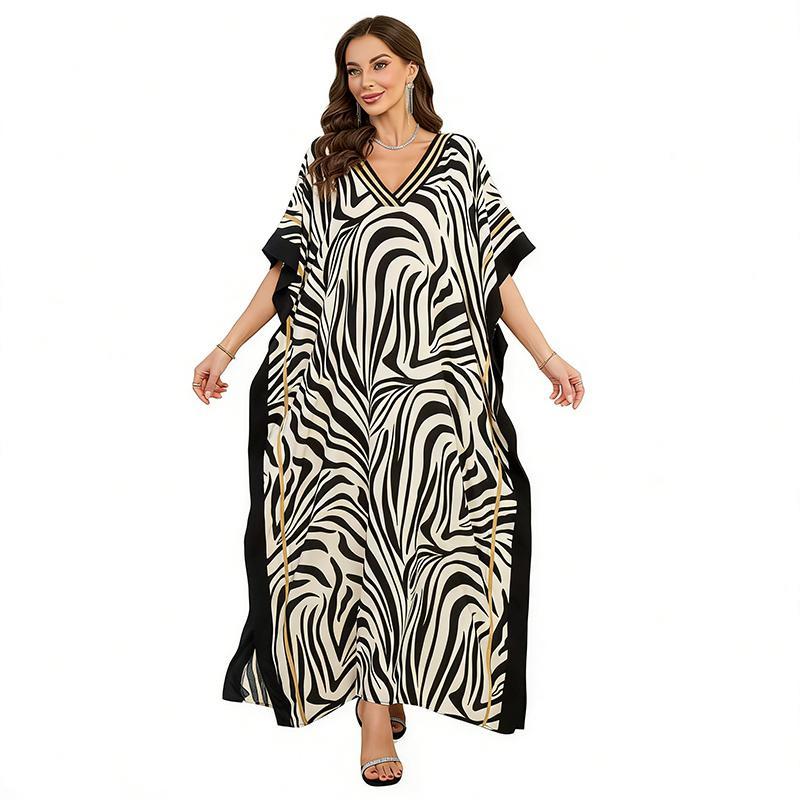 Women's Plus Size Loose Bohemian Ethnic Print Viscose Caftan Dress - V-Neck, Batwing Wide Sleeves, Lightweight Breathable, Casual Chic, Hand Wash Only, Line Dry, for Beach Coverup & Day Loungewear