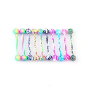 10 Colors of Water-patterned Lacquered Tongue Nails, Nipple Rings, Stainless Steel Body Piercing JewelryBody Piercings Jewelry Set Party