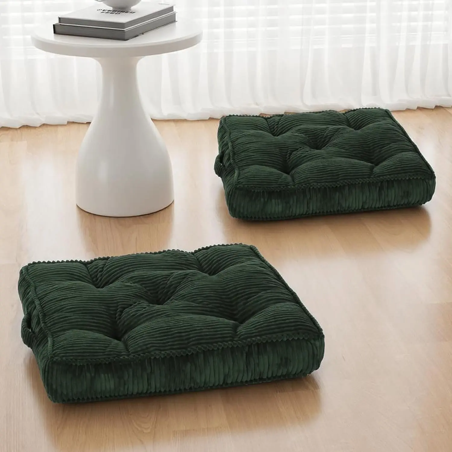 Meditation Floor Cushion Set of 2, 24x24 Tufted Square Large Floor Pillow for Adults, Green Corduroy Sitting Pillow with Handle, Yoga Seating for Tatami
