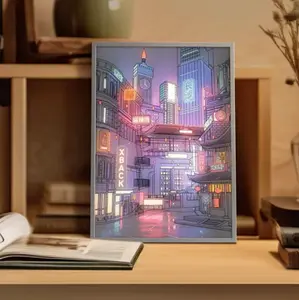 LED 3D Realistic Future Anime Glowing Poster, 3 Colors 90's Vintage Anime Abandoned City Backdrop, Rain City