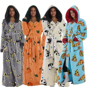 Elegant Thick Coral Fleece Bathrobe, Long Warm Robe for Fall Winter, with Pockets and Belt, Hooded Design, Classic Color