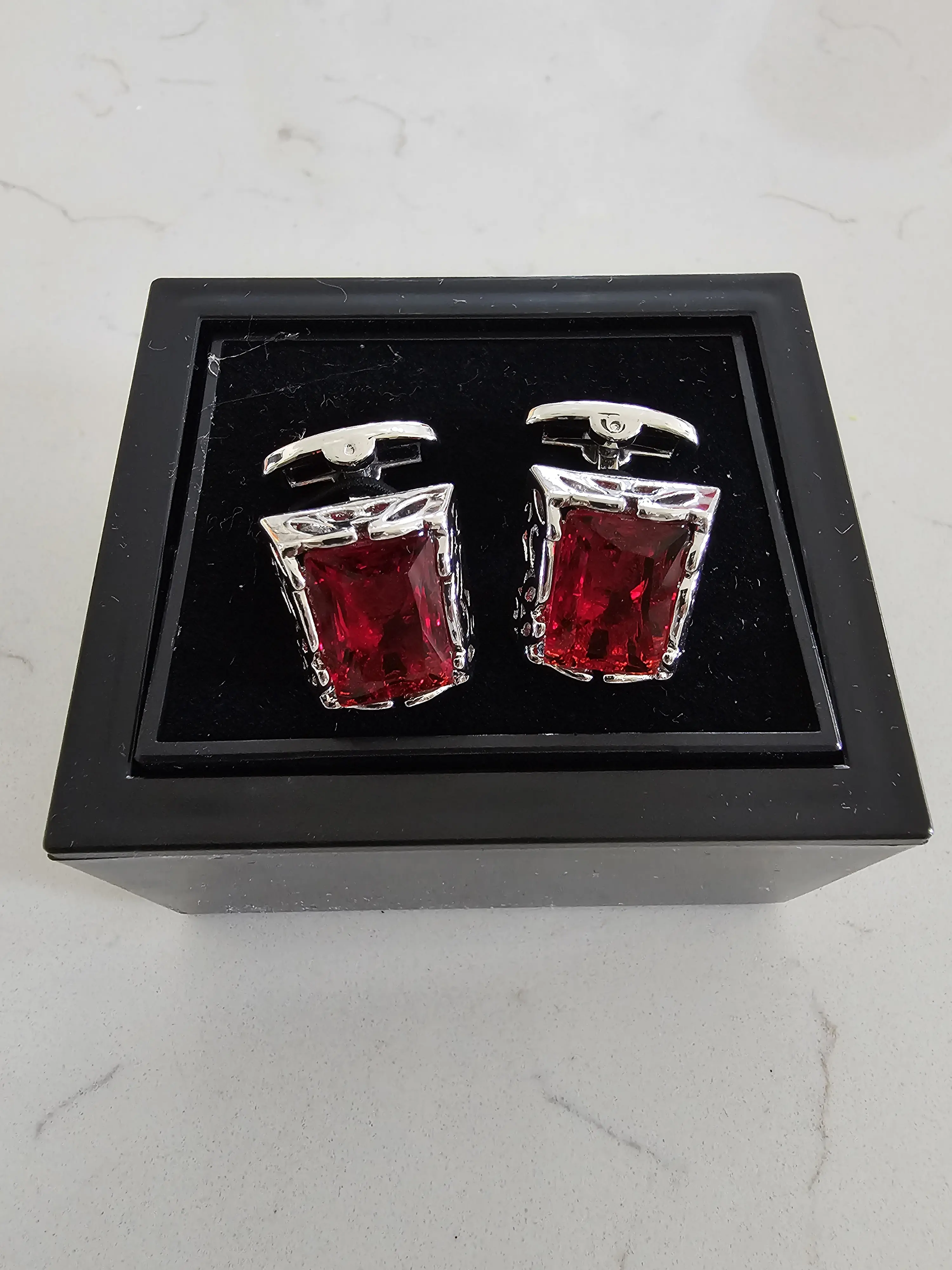 Red Crystal Cufflinks in Black Gift Box for Men's Formal Wear