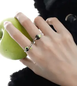 Apple Cat Black Cat & Green Apple Adjustable Rings for Couples Friends Sisters 2026 New Style, One Size