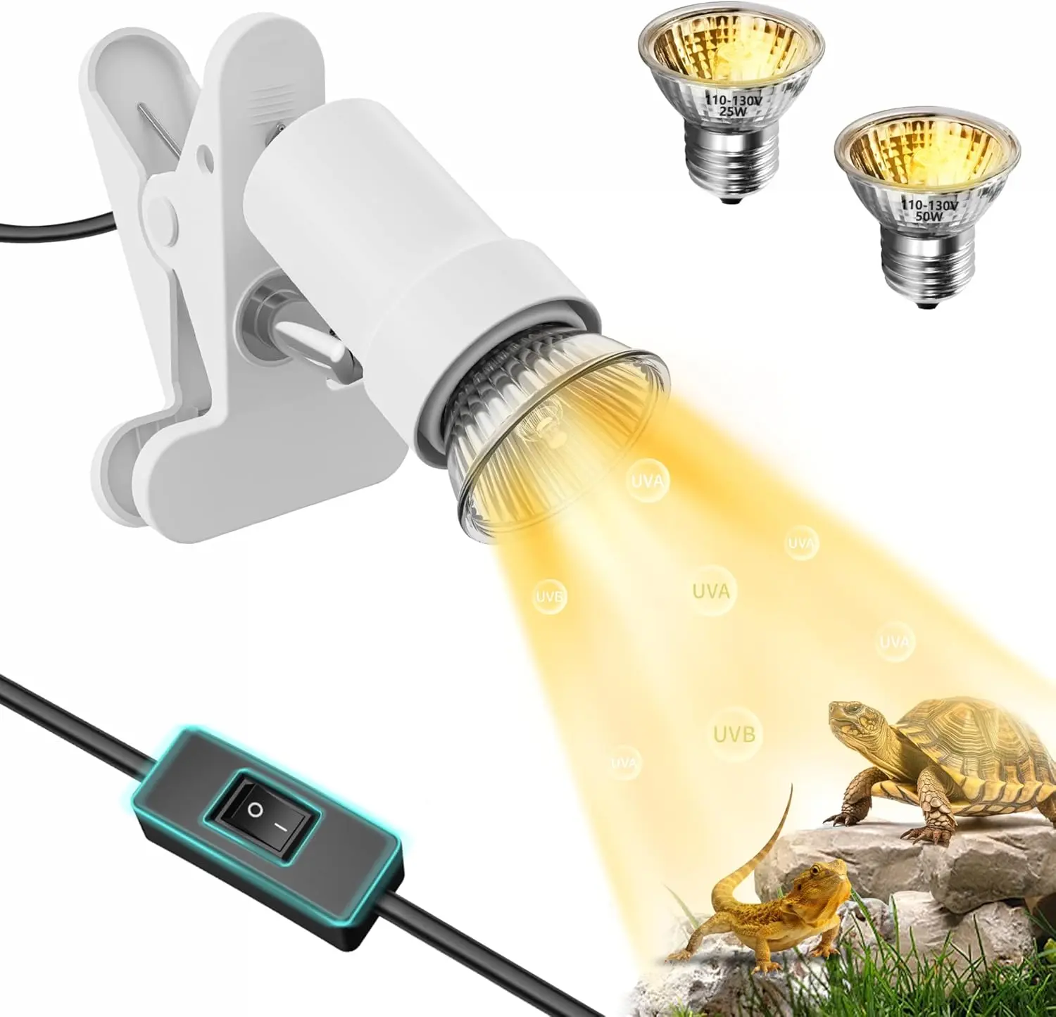 GOZILLA Reptile Heat Lamp 360° Rotatable Turtle Lamp - Clip-On E26 Fixture with 25W + 50W UVA/UVB Bulbs, Adjustable Basking Light for Turtle Tanks, Terrariums and Amphibian Cages