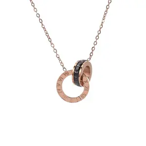 Roman Numeral Ring Women's Necklace with Rhinestone Pendant, 51cm (Inclusive) - Rose Gold (Black Diamond) Design, 10cm or Less Chain women jewelry gifts gf
