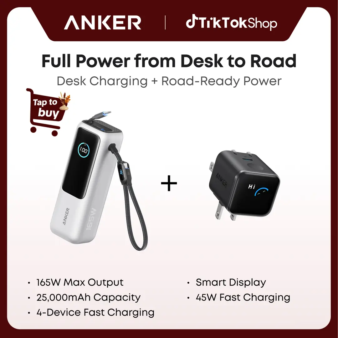 Anker Mobile Accessories Bundle: USB-C Smart Display Charger (Smart Recognition, Built-In Care Mode, 180° Foldable Plug) + 25000mAh Travel Battery Pack (Cool Gadgets, Portable iPhone Charger, Built-In Cables, 4-Device Fast Charging)