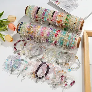 40/50pcs Exquisite Glass Elastic Bracelet Set - with Flower Leaf Heart Pendant, Perfect for Women Men Casual Attire, Best Gift for Friends & Family Birthdays, All Seasons