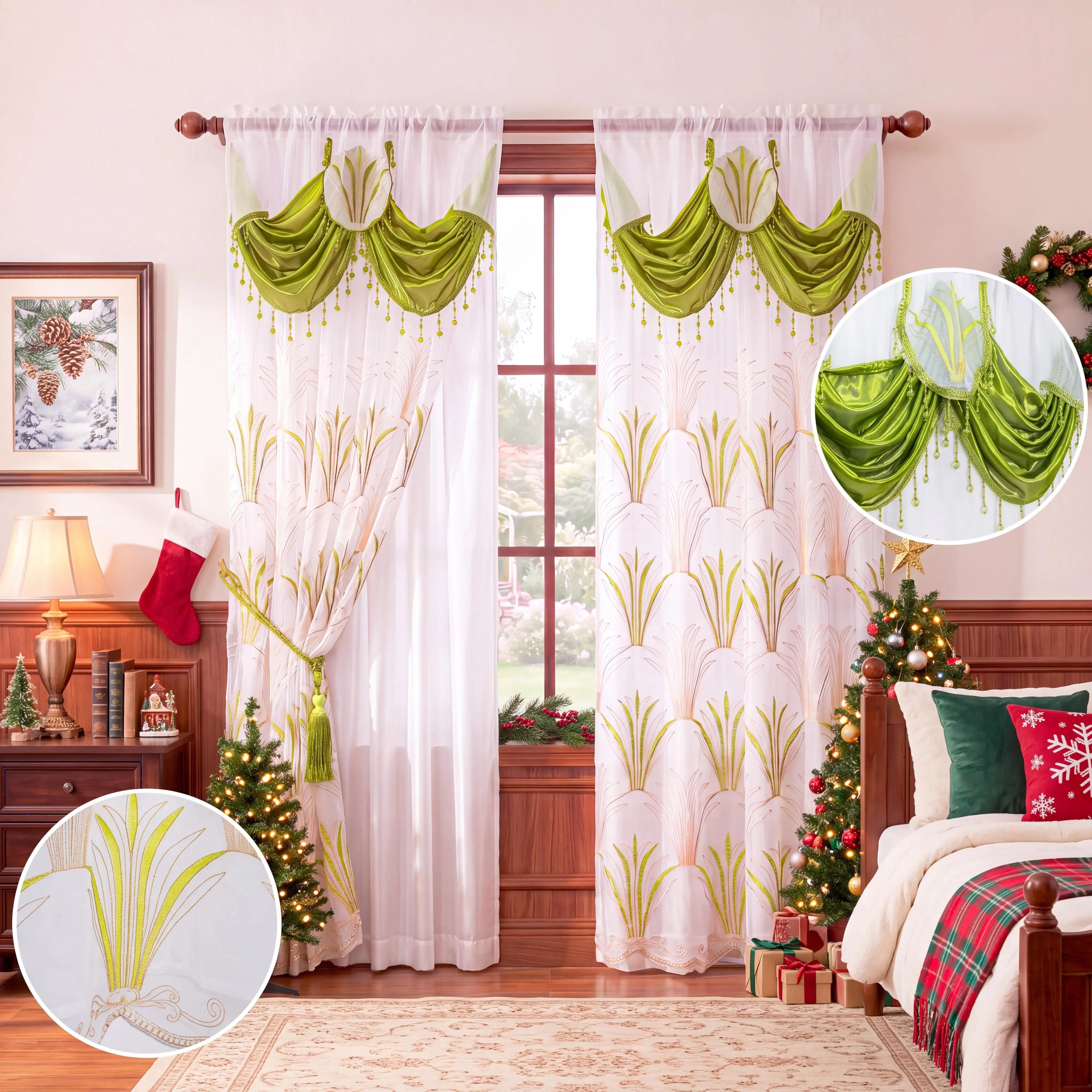 TONY'S COLLECTION 2-Panel 52"W Double-Layer Sheer Curtains Satin Waterfall Swag Valance, Gold Embroidered Palm Leaf Beaded Tassel Trim Scalloped Hem Rod Pocket Drapes, Elegant European Wedding Light Filtering for Living Room Bedroom LT88