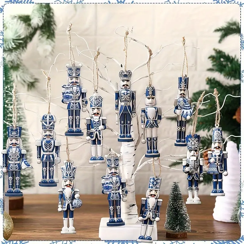 12-Pack Classic Blue and White Porcelain Nutcracker Ornaments (3.14*1.02 inch) with Rustic Wooden Christmas Tree Hangers, Wood Material Home Holiday Decor for Living Room, Ideal for Christmas, Halloween