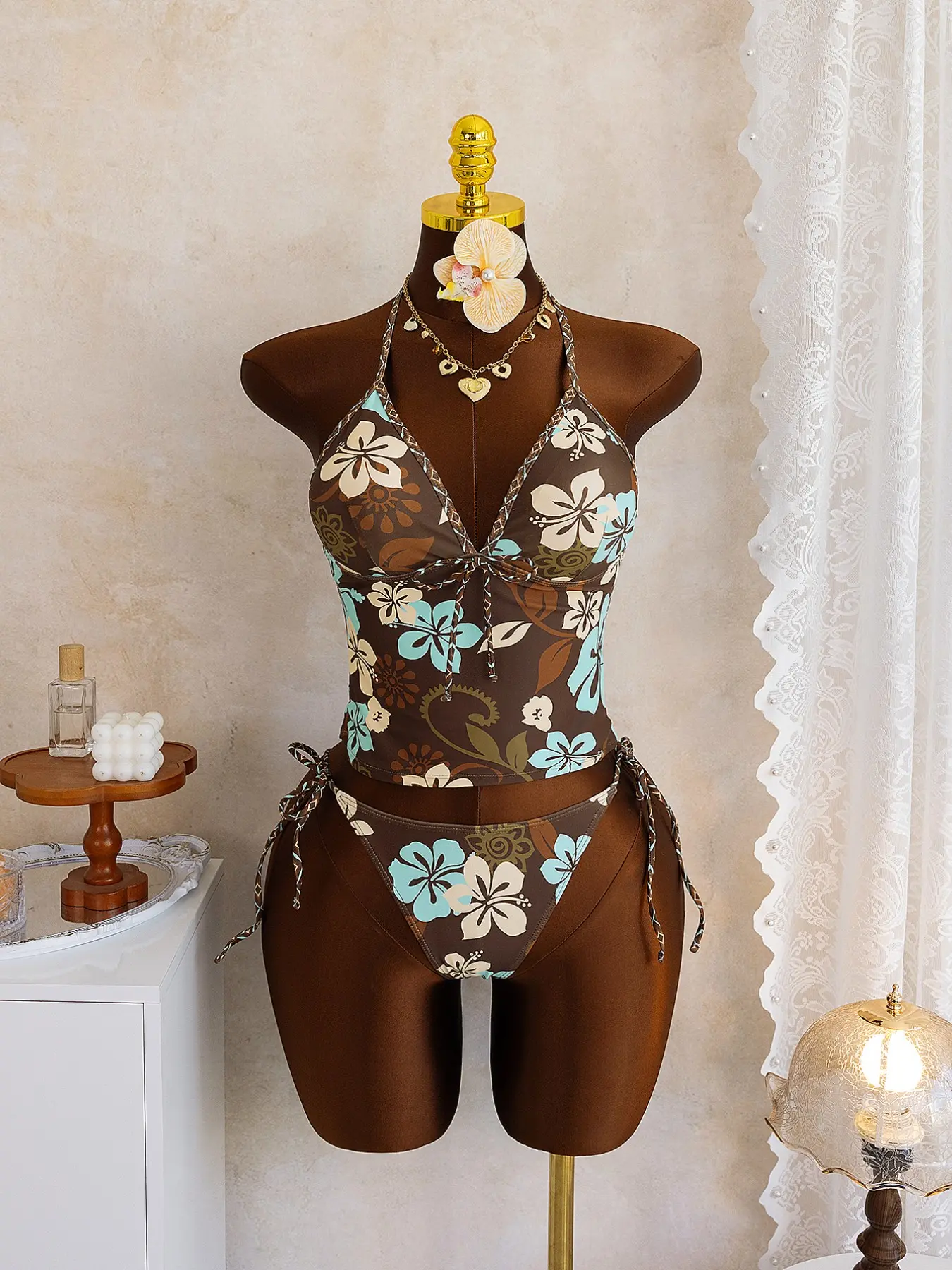 Women's Fashion Flower Print Tankini Set, Tropical Floral Print Two-Piece Swimsuit with Braided Trim, Perfect for Beach Vacation & Pool Party, Summer Tankinis Set