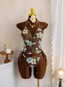 Women's Fashion Tankini Set, Ditsy Floral Print Striped Trim Sexy Two-Piece Swimsuit, Perfect for Beach Vacation, Pool Party