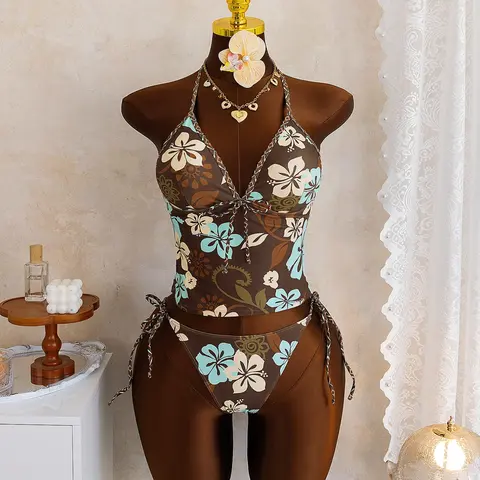 Women's Fashion Flower Print Tankini Set, Tropical Floral Print Two-Piece Swimsuit with Braided Trim, Perfect for Beach Vacation & Pool Party, Summer Tankinis Set, Tankini Swimsuits
