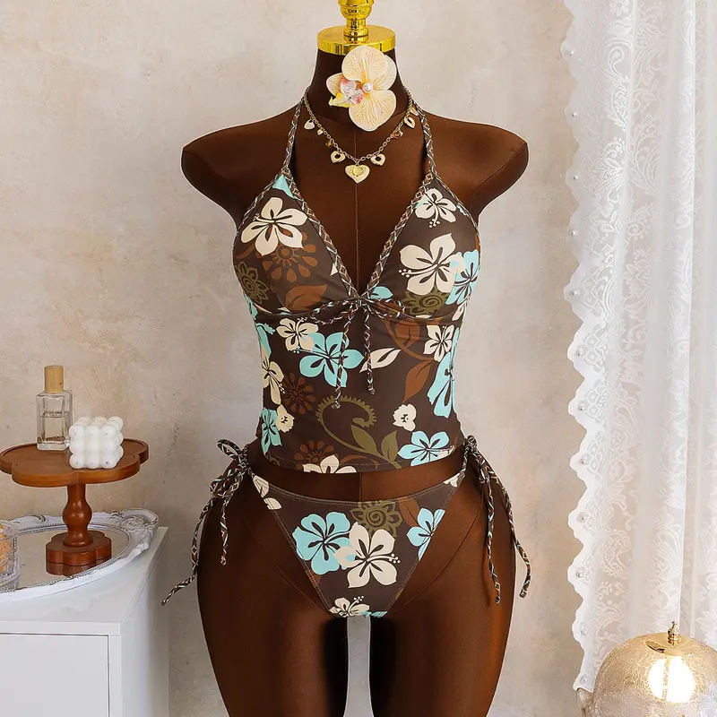 Women's Fashion Flower Print Tankini Set, Tropical Floral Print Two-Piece Swimsuit with Braided Trim, Perfect for Beach Vacation & Pool Party, Summer Tankinis Set, Tankini Swimsuits