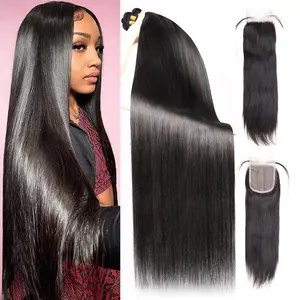 Brazilian Straight Bundles with Closure Human Hair Bundles with Lace Closure Straight Human Hair 3 Bundles with 4x4 Closure