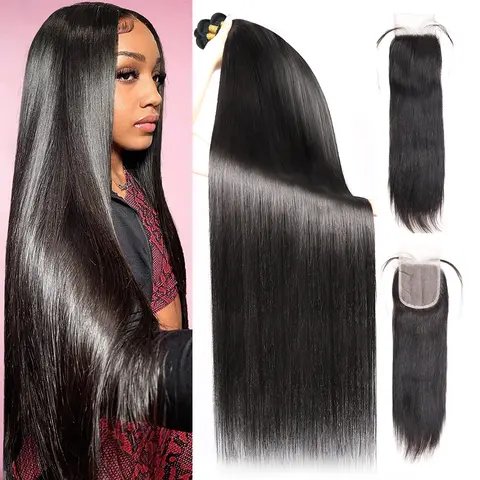 Brazilian Straight Human Hair Bundles With 2x6 Lace Closure 30 32 Inch Body Wave 3/4 Bundles With 4x4 Lace Closure 100% Virgin Natural Hair Extensions For Sew-in Weave, Natural Human Hair