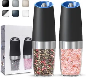 [New deal] - Gravity Electric Salt and Pepper Grinder set of 2, Automatic Salt And Pepper Grinder Set, Adjustable Roughness, Battery Powered, LED Light, 2 Pack, (Black)