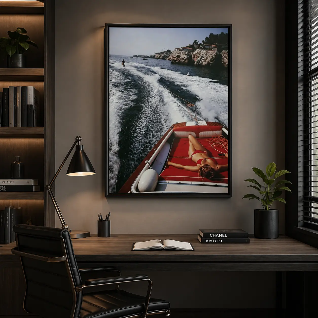 Coastal Yacht Summer Framed Canvas Wall Art, Retro Film Grain Mediterranean Speedboat Bikini Woman Print, Tropical Ocean Vacation Aesthetic Poster, Trendy Wall Decor For Beach House, Apartment, Living Room