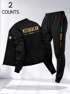 Men's 2-Piece Set, American Vintage Style, Mexican Michoacan Print, Casual Baseball Neck Jacket + Drawstring Pockets Pants, Fall & Winter