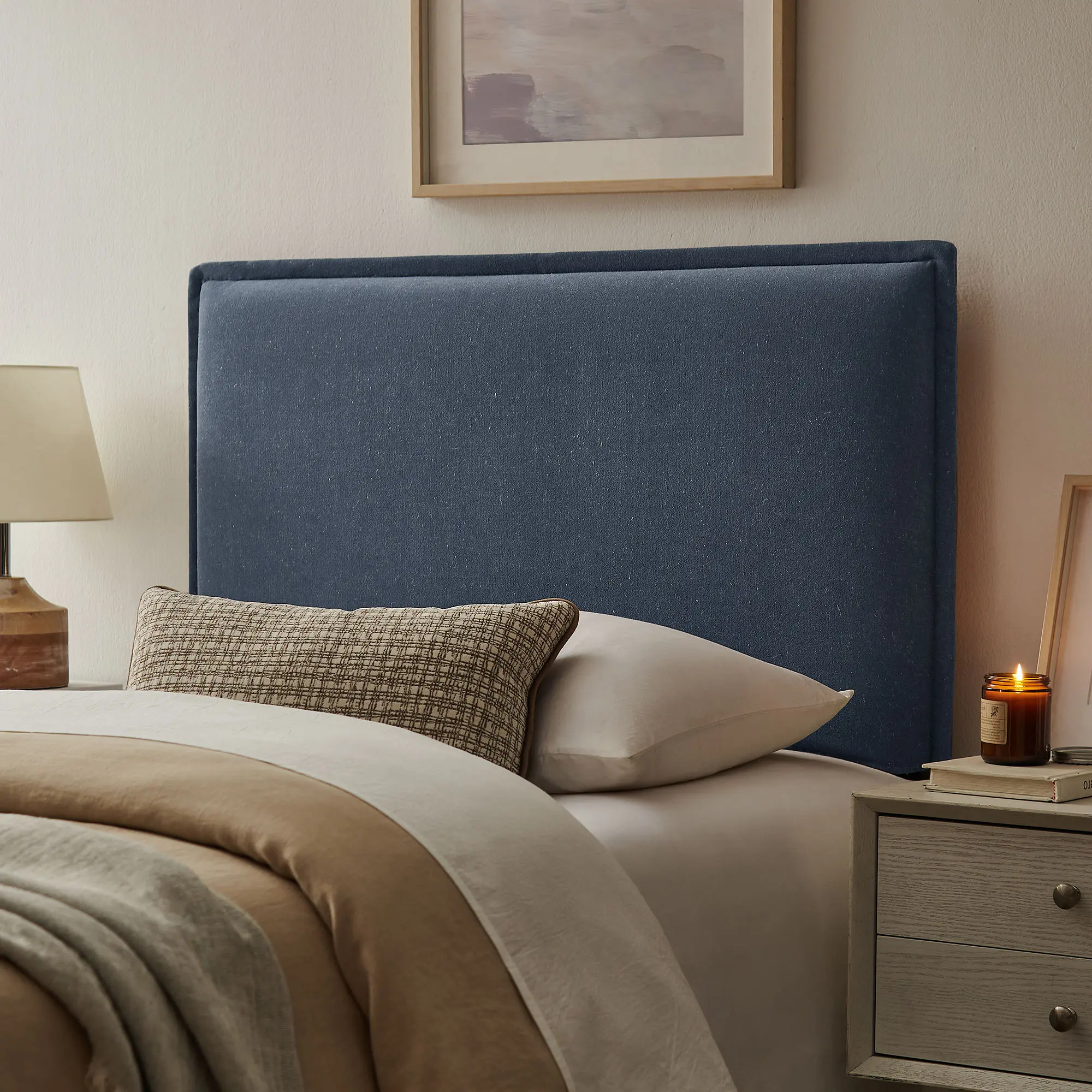 Camille Upholstered Linen Blend Twin Size Headboard in Denim