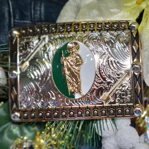 San Judas Tadeo Religious Belt Buckle Saint Jude with silver, gold , and Green Religious Gift Item with intricate details.