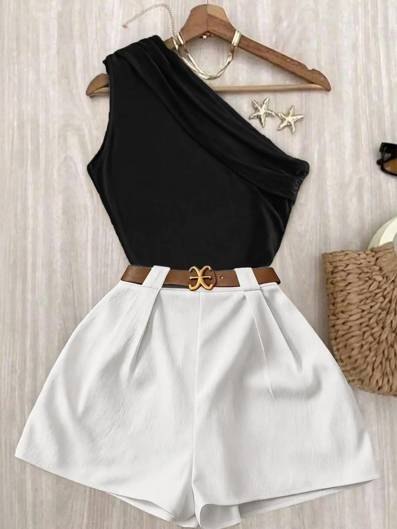 Minimalist Off-Shoulder Sleeveless Top + High-Waisted Wide-Leg Shorts Set, Solid Color Waist-Cinch Slimming Two-Piece Clothes, Women Casual Chic Summer Streetwear