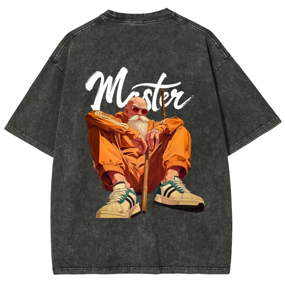 Men's Vintage Acid Wash Cotton Round Neck Short-Sleeve Tee - 90s Retro Dragon Ball Master Roshi Graphic, Distressed Black Oversized Loose Fit, Kame Sennin Sneaker Print Unisex Casual Gift Top