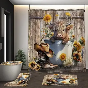 1/4pcs Cow and Sunflower pattern bathroom decoration set, non-slip floor mat, U-shaped carpet, toilet lid cover, perfect for bathroom decoration, partition, beautify the space, free 12 shower curtain hooks, Bathroom Decoration Accessories