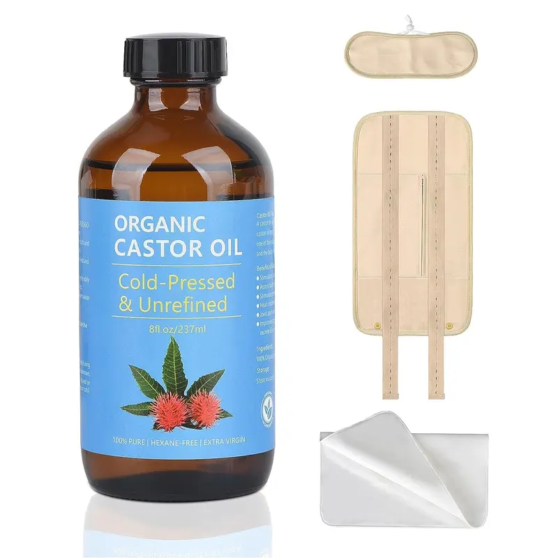 VRJEUGO Organic Extra Virgin Cold-Pressed Unrefined Castor Oil (8oz Large Amber Glass Bottle) with Organic Cotton Flannel Neck+Waist Wrap - Body Care Pure Oils for Lymphatic Drainage