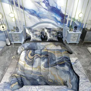 Marble Bed Bag,Comforter Bed Set,7 Pieces,Ink Fluid Art Minimalist Bedding Set,Classic Simple Modern and Sheet Set,Gradient Indigo Tie Dye Bed Set