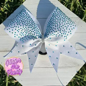 Cheer Bow Rhinestone White Glitter Teal Stones Anniversary