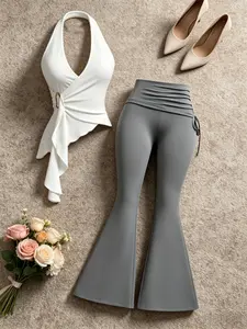 Spring Autumn Pure Desire Aesthetic Graphic Halter Top, Irregular Hem Design, Foldover Slim Fit Flared Long Pants Set, Two-Piece for Women Womenswear Clothes