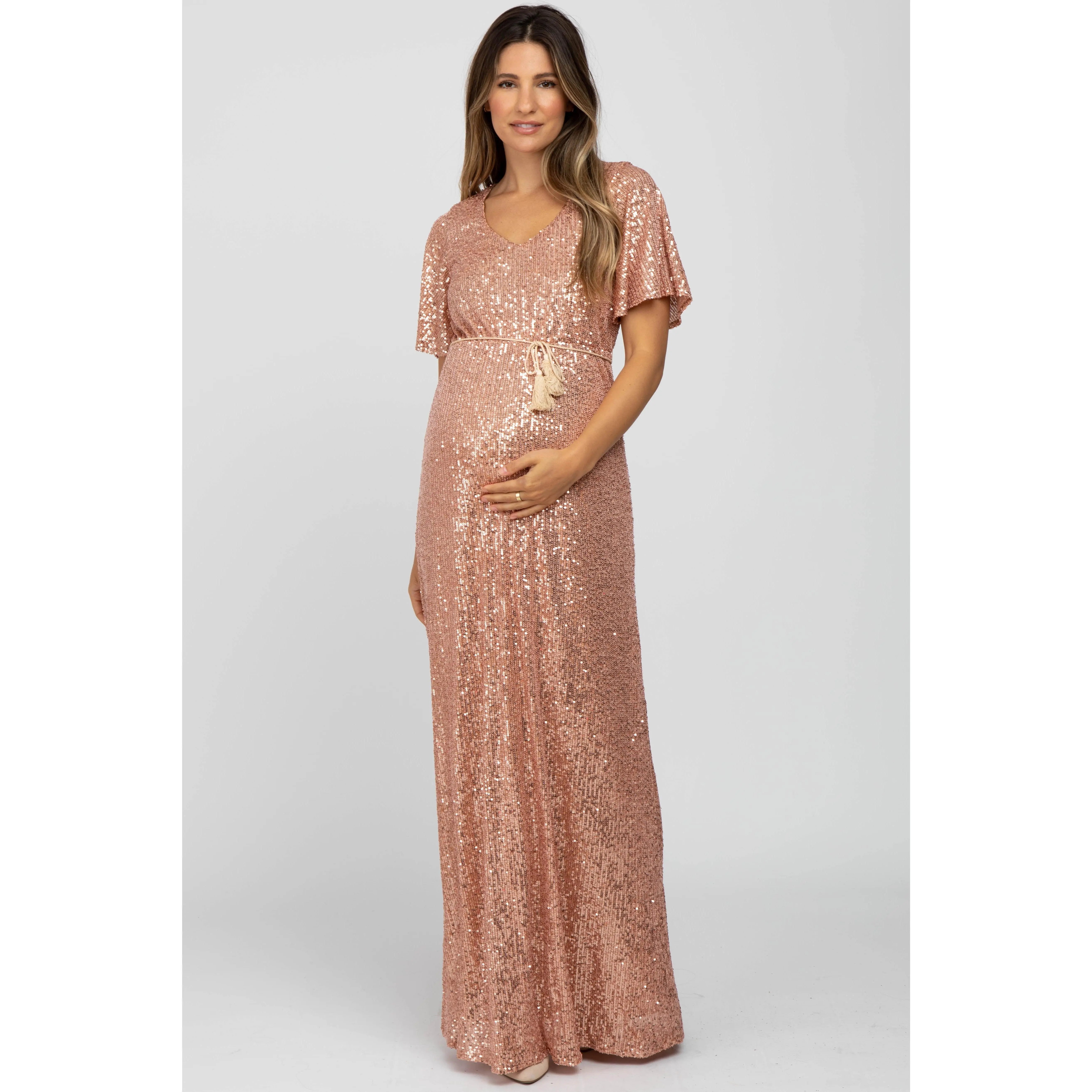 Pink Sequin Short Sleeve Maternity Maxi Dress