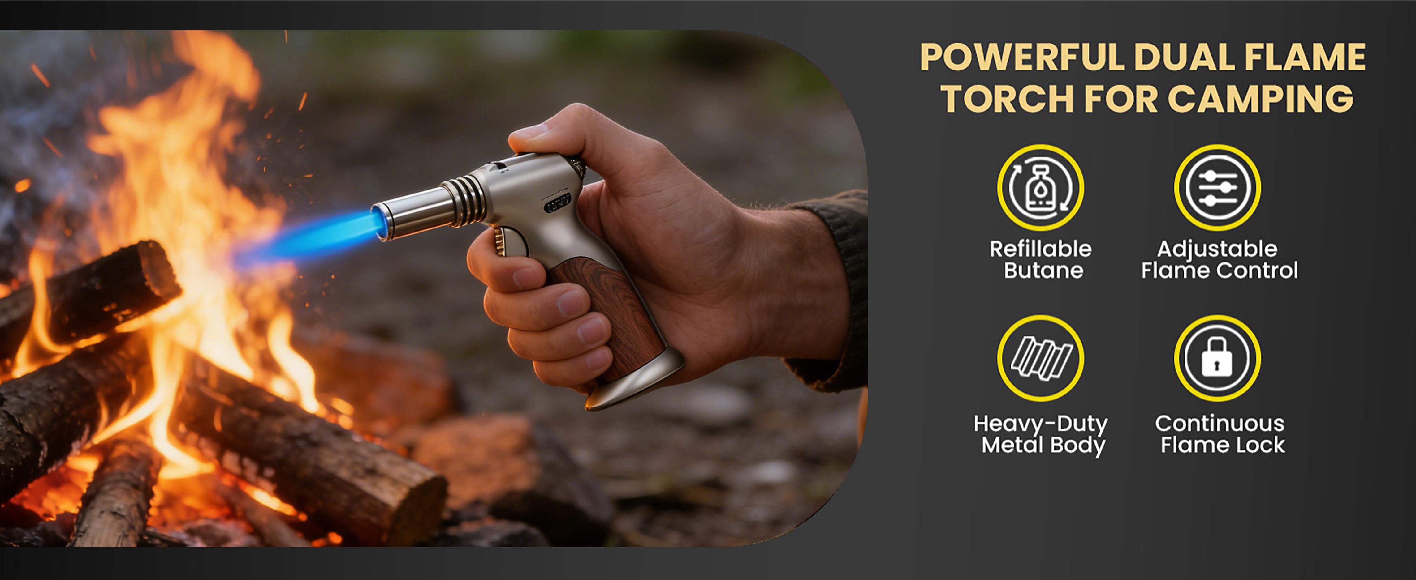 Dual Flame Butane Torch Lighter, Windproof Refillable Kitchen Torch, Adjustable Flame with Ignition Lock Blow Torch for Cooking, Creme Brulee, Soldering, Welding, Comes with an Exquisite Gift Box(Butane Gas Not Included)