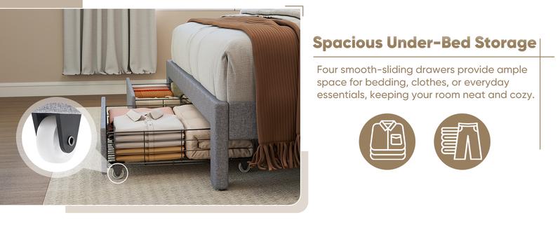 Upholstered Bed Frames With 2 Storage Drawers，Channel Tufted Headboard,Fabric Wrapped Legs,Elegant Platform Bed With Ample Underbed Storage