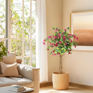 Tall Height Artificial Bougainvillea Tree with Wood Trunk, Pink Lifelike Silk Flowers, Included Planter - Artificial Outdoor Plants for Indoor Home Decoration
