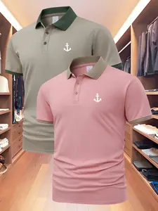 Men's Two-Piece Polo Shirt Set, Short Sleeve Regular Fit Business Casual Breathable Collared Top, Comfortable Unisex Polo